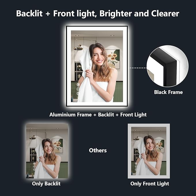 YEELAIT 40x30 Inch LED Bathroom Mirror with Lights (Front Lit and Backlit) Black Framed Lighted Vanity Mirror for Bathroom Wall Dimmable Anti-Fog Memory Tempered Glass Horizontal/Vertical