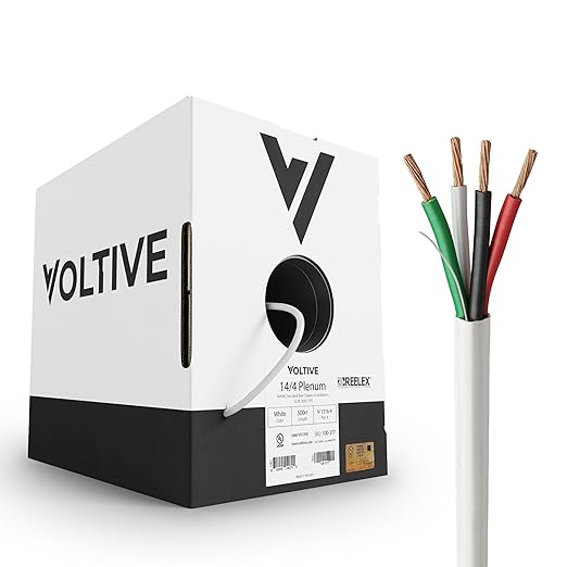 Voltive 14/4 Speaker Wire, Plenum CL3P, White, 500ft - 14AWG, 4 Conductors, Stranded Oxygen-Free Copper, UL Listed - V-1216-4