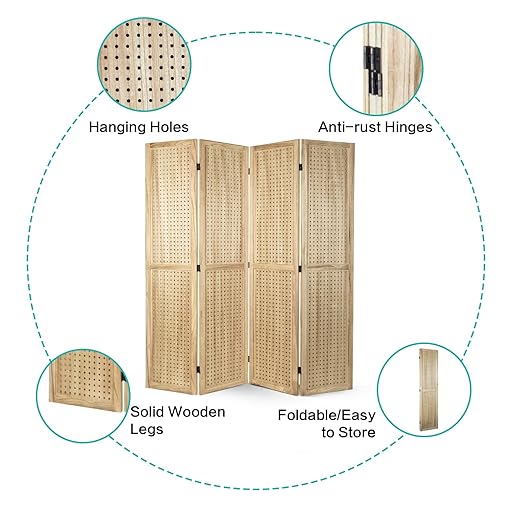 Babion 4 Panel Pegboard Display, Peg Board Room Divider Freestanding Folding Privacy Screens Display Stand for Craft Shows (Natural)