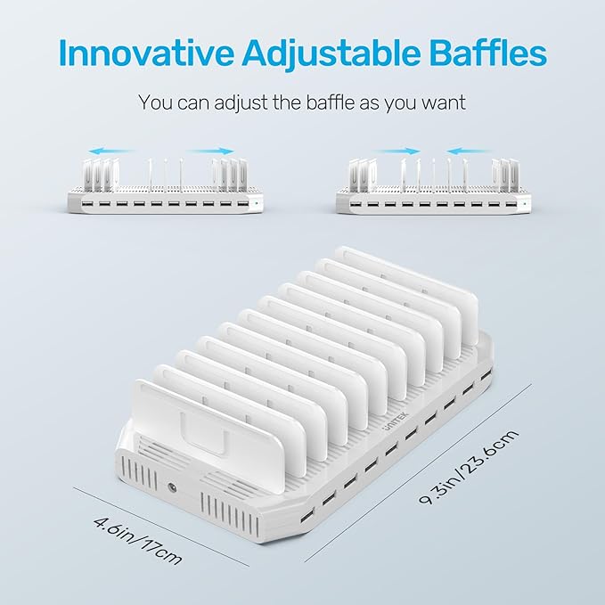 【5PCS】 Unitek Multi Charging Station, 10-Port USB Charger for Multiple Device with SmartIC Tech and Adjustable Dividers, Organizer Stand Compatible with iPad, Tablet, Kindle, iPhone - 5PCS, White