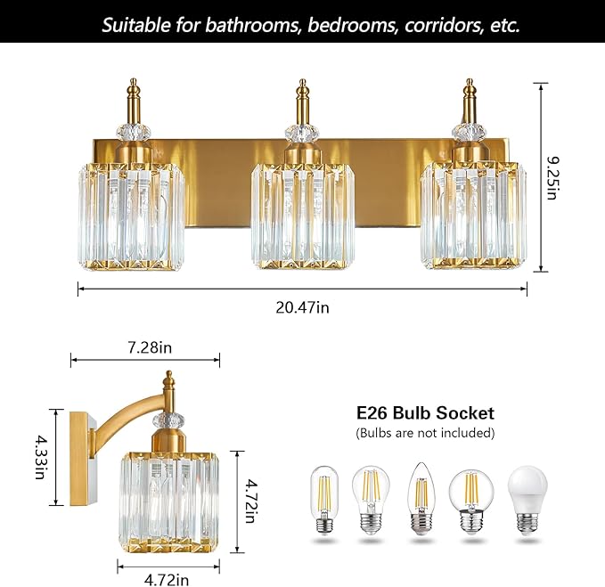 BBLLWJ Modern Bathroom Vanity Light 3-Light Gold Crystal Light Fixtures Over Mirror for Bathroom Wall Sconce