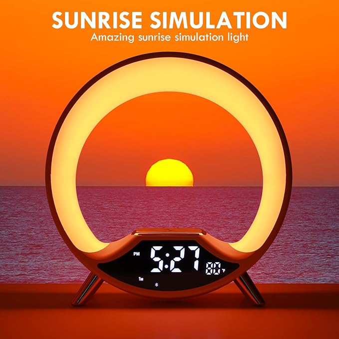 GuDoQi Sunrise Alarm Clock with Fast Wireless Charger Station and Bluetooth, Full Screen with Sunrise Simulation Light, Sleep Aid, Dual Alarms, FM Radio, More Than 10 Colors Nightlight for Bedrooms