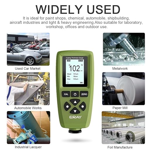 Mil Thickness Gauge, Coating Thickness Gauges, ERAY Paint Depth Gauge Meter with Backlight LCD Display for Car Automotive, Limit Alarm/Data Storage/Export Data/PC Software Analysis (Green)