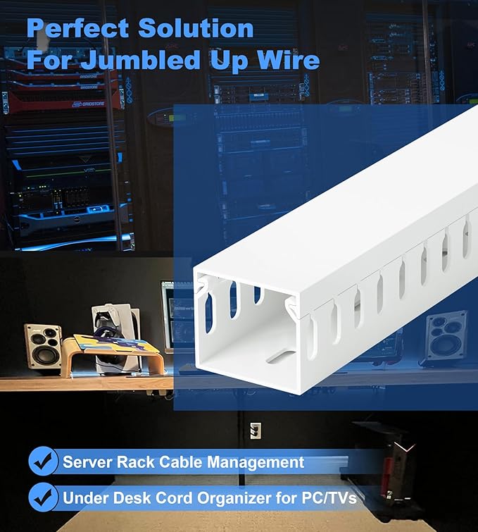 ZhiYo 99in(6X L16.5in) Server Rack Cable Management Raceway, H1.4in x W1.6in Cable Raceway Kit, Electrically Safe PVC Open Slot Wire Raceway for Under Desk/Computer/Network Cords, White