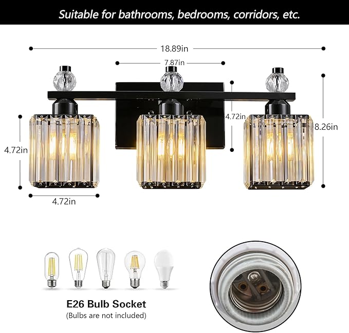 FDPBY Black Bathroom Vanity Lights Crystal Vanity Light Bathroom Lighting Fixtures 3 Light Modern Vanity Lighting Fixtures