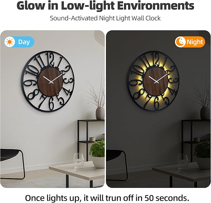 Casaformia 32'' Large Silent Wall Clock with Night Light, Glow in The Dark Decorative Wall Clock Battery Operated, Rustic Modern Metal & Wood Clocks for Bedroom Living Room Decor, Arabic Numerals