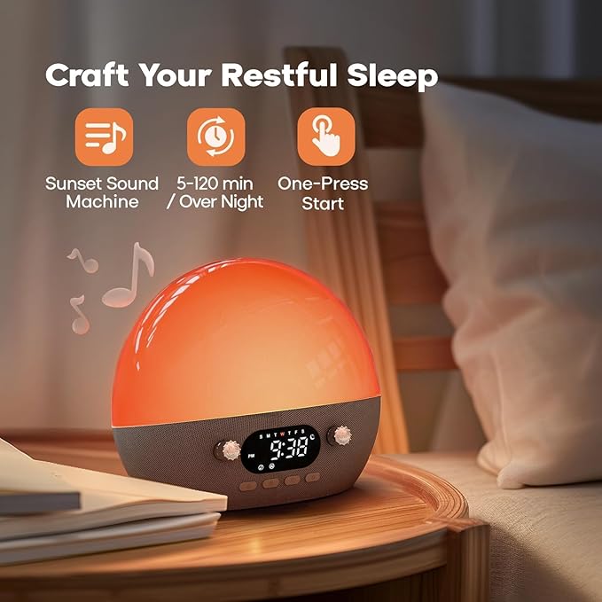 Dekala RestOnn Sunrise Alarm Clock Sunset Sound Machine 7-Day Programmable Loud Dual Alarm Clock, White Noise Natural Sounds for Sleeping Bluetooth Speaker Amber Night Light