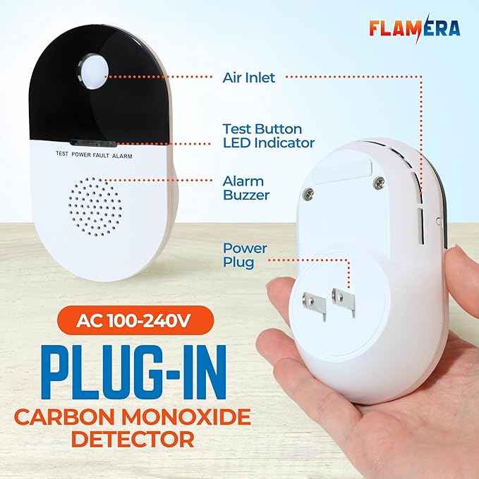 Plug-in Carbon Monoxide Detector – UL 2034 Certified with Loud Audible and Visual Alarm at 300 PPM – Continuous Low-Level CO Detection, Durable Design – Perfect for Homes, Kitchens, RVs, and Travel