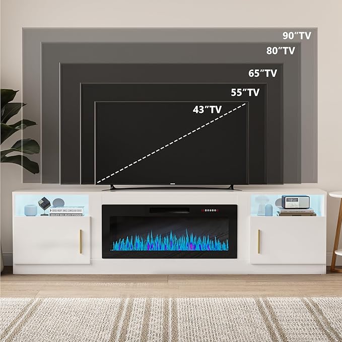VITESSE TV Stand with 36" inch Electric Fireplace Up to 90" TVs, LED Light Entertainment Center, 80" Modern Wood High Gloss Fireplace with Highlight Storage Cabinet for Living Room (White)