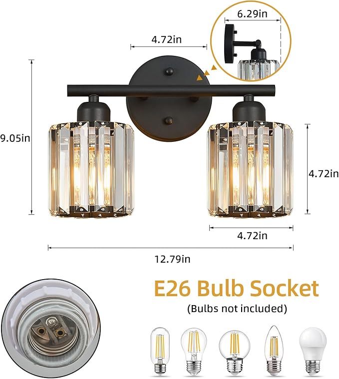 FDPBY Modern 2 Light Crystal Vanity Light, Black Vertical Bathroom Light Fixture Over Mirror for Dressing Table Sink, Compatible with Dimmable Bulbs (Bulbs Not Included)