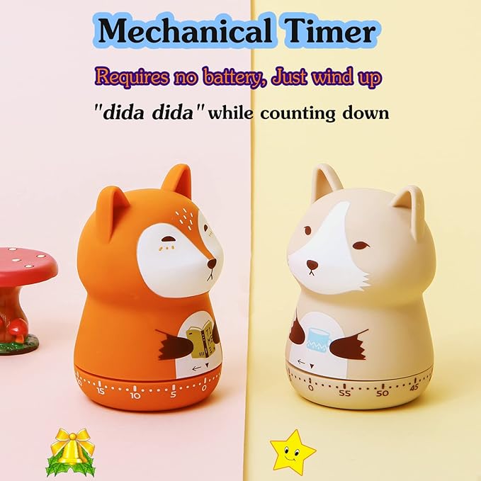 NUOSWEK Mechanical Kitchen Timer, Cute Animal Wind Up 60 Minutes Manual Countdown for Kids, Classroom, Home, Study and Cooking (Orange Fox)