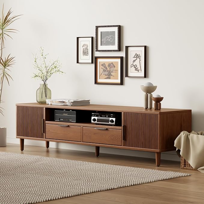 TIMBERKNOWS Mid-Century Modern TV Stand Fits TVs up to 60,Fluted TV Consoles Storage Doors and Cable Management,Entertainment Center tv Stands, for Living Room, Bedroom, Dining Room-Walunt