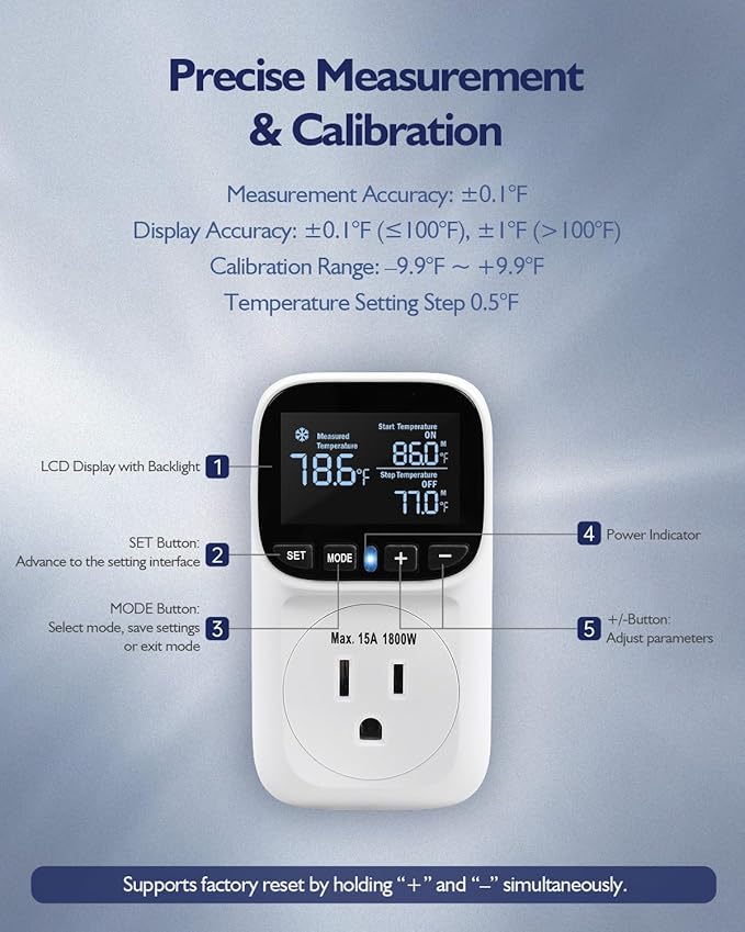 ZILLSEA Digital Temperature Controller, Heating & Cooling Thermostat Plug Outlet, –40°F~210°F, 15A 1800W, LCD Display, Temperature Controlled Outlet for Home, Greenhouse, Chicken Coop, Reptile