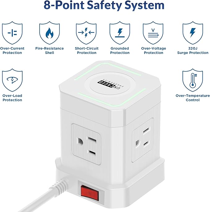 Uncaged Ergonomics Wireless Cube Charger & Power Strip with USB Ports, Surge Protection, 10ft Extension Cord with Wireless Charger, 4 AC Plugs & 3 USB Ports, 1 C Fast Charging with On/Off Switch