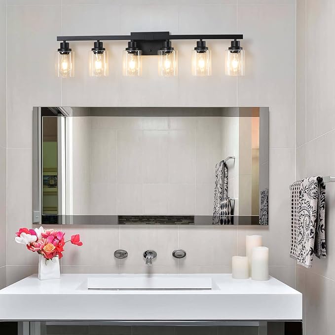 DIKAIDA 6-Light Black Vanity Lights 38'' Modern Bathroom Vanity Lighting Fixtures Above Mirror， Industrial Matte Bathroom Light Fixtures, Bath Wall Light Fixtures, Black Wall Sconces