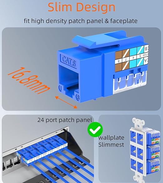 Rapink RJ45 Keystone Jack Cat6 10G Support, Cat6 Keystone Jacks UTP 10 Pack for Wall Plate and Patch Panel, Rj45 Keystone 90 Degree Blue Color for Cat 6, Cat5e, Cat5 Cabling