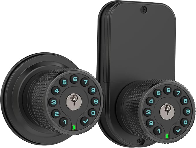 Double Sided Keypad Door Knob with Dual Cylinders and Key Alike, iuknob Keyless Entry Smart Door Lock for Entrance, Fence, Gate, Swimming Pool,Waterproof and Weatherproof for Outdoor & Interior Door.
