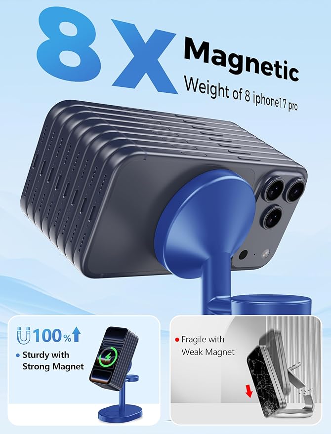 Hevanto 2026 3 in 1 Wireless Charging Station for Apple MagSafe Charger, 15W Fast Magnetic Mag-Safe Charger Stand for iPhone 17 16 15 14 13 12 Apple Watch AirPods with MagSafe Case, Blue