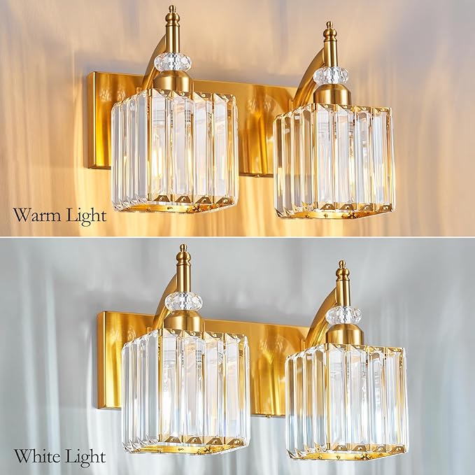 BBLLWJ Modern Bathroom Vanity Light 2-Light Gold Crystal Light Fixtures Over Mirror for Bathroom Wall Sconce