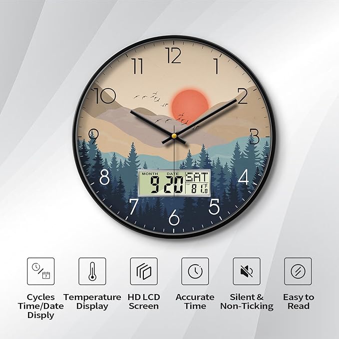 Silent Wall Clock with Day Week Temperature Wilderness with Sunset Non-ticking Battery Operated Large Digital Modern Clocks Display with Calendar and Date for Kitchen Farmhouse Bathroom Office 14 Inch