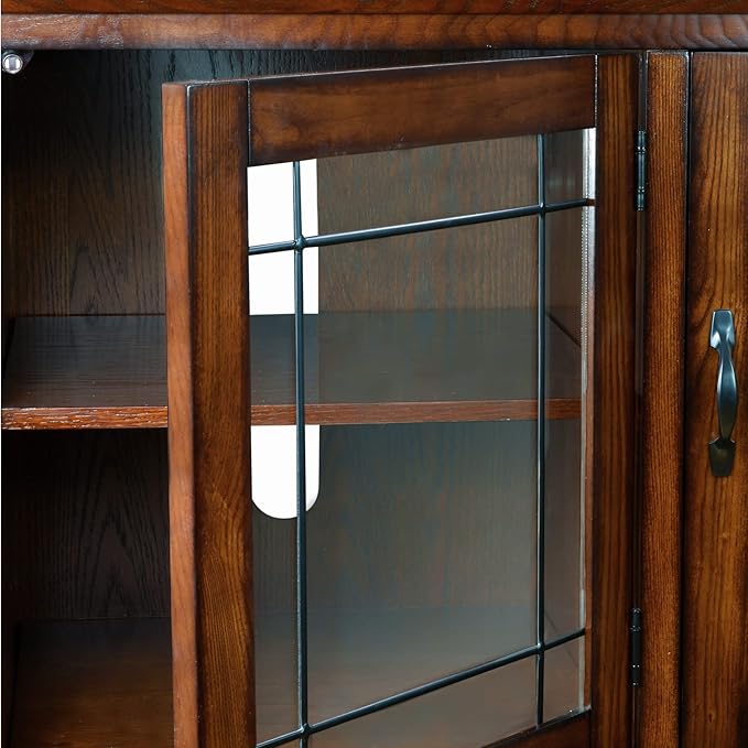 Leick Home 80385 Leaded Glass Three Door Corner TV Stand with Enclosed Storage For 50" TV's, Burnished Oak