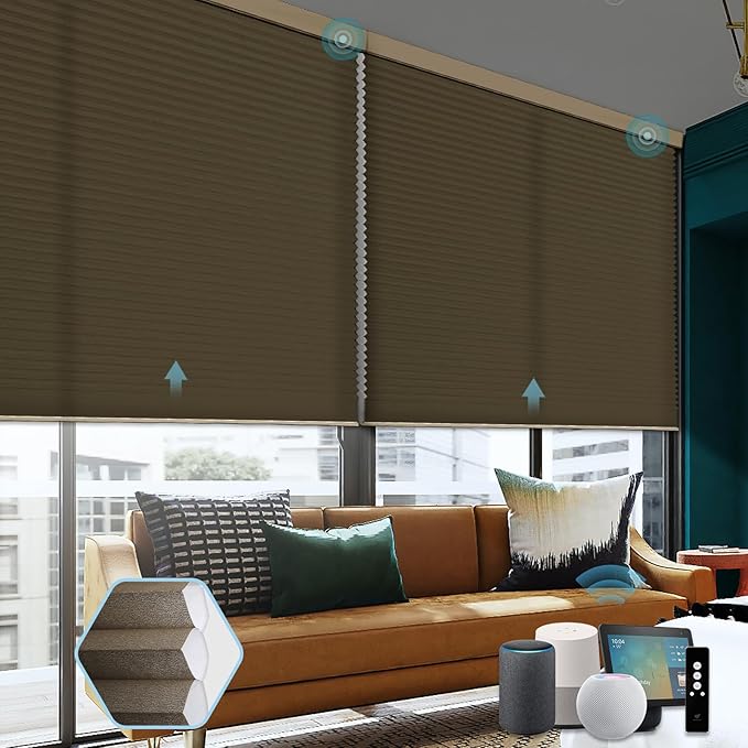 SmartWings Motorized Cellular Shades, Honeycomb Blinds Compatible with Zigbee/Alexa/Z-Wave/Homekit, Wireless Remote Control for Smart Home and Office in Customized Size,70% Blackout Coffee Brown