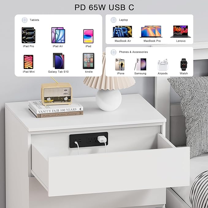 Drawer Outlet with PD 65W USB C, Recessed Power Strip with 3 Outlets 4 USB Ports, Recessed Outlet with 2M Flat Plug Cable for Side Table Sofa Table, Black