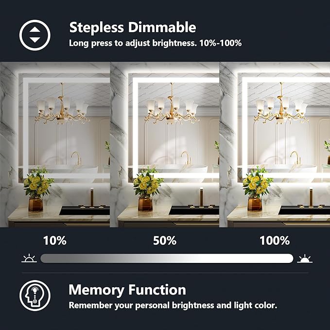 YEELAIT 40x30 Inch LED Bathroom Mirror with Lights Front and Backlit Lighted Vanity Mirror for Bathroom Wall with 3 Colors Dimmable Anti-Fog Memory Shatter-Proof IP54 Waterproof Horizontal/Vertical