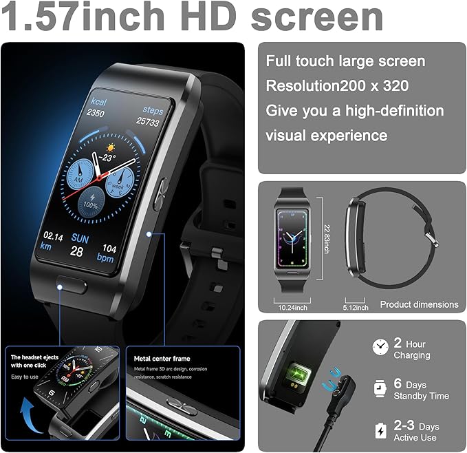 2-in-1 Smart Health Band with Built-in Bluetooth Earbuds, Fitness & Activity Tracker with Heart Rate & Sleep Monitor, Bluetooth Call Support, 1.57" HD Touchscreen for Daily Wellness(Blue)