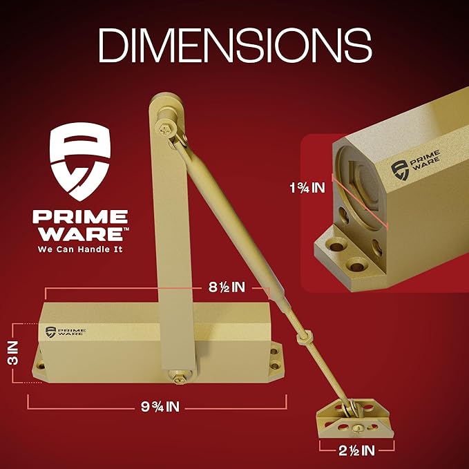 PrimeWare DC-600 Automatic Adjustable Door Closers for Home | Soft Close, No Slam | Residential and Commercial Door Closer | Level 1-6 | for Doors Weighing 30-300 lbs | Hydraulic Door Spring - Gold