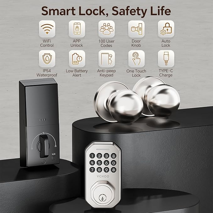VCHOO Keyless Entry Door Lock Set WiFi Smart App Control Door Lock for Front Door Keypad Deadbolt with 2 Knobs Auto Lock One Time Codes Easy Install, Satin Nickel