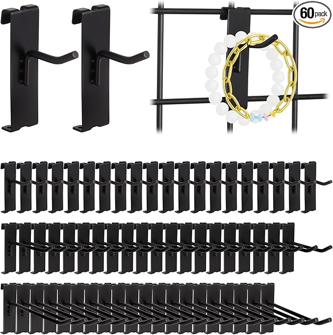 Alffun 60 Pcs Grid Wall Hooks, 2/4/6 Inch Heavy Duty Wire Grid Display Hooks, Gridwall Accessories for Retail, Craft Shows, Garage Storage, and Home Organization, Black