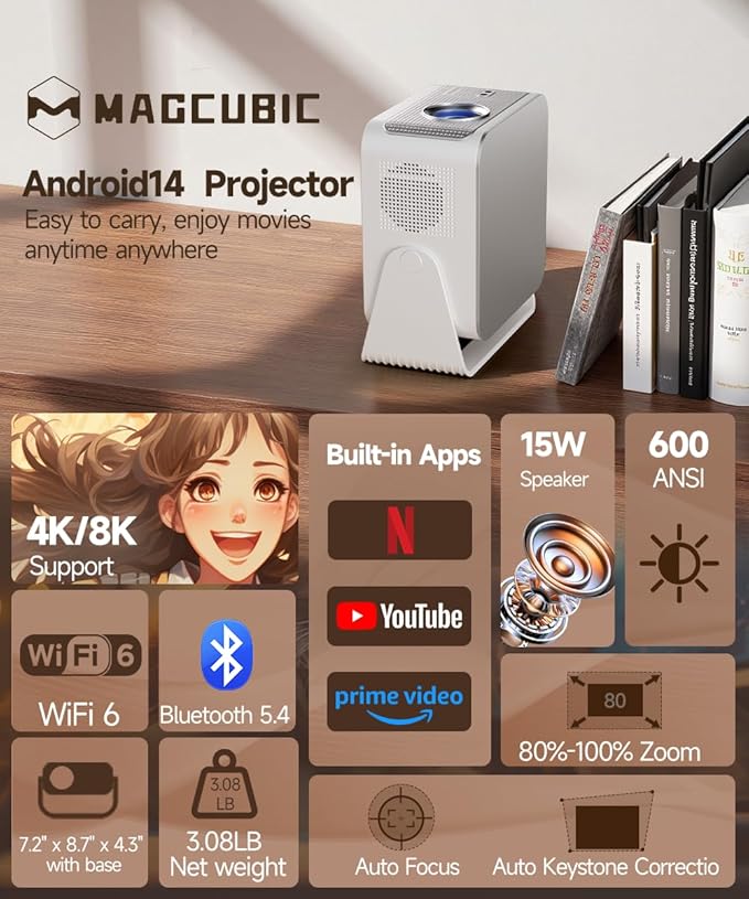 Android 14 Smart Projector with 4K 8K Support, Mini Projector with Wifi6 and Bluetooth5.4, 600 ANSI, Auto Focus & Obstacle Avoidance 1080P Portable Movie Proyector for Home Outdoor, Magcubic HY350Max