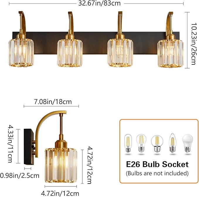 FDPBY 4-Light Crystal Vanity Light, Modern Black Gold Bathroom Wall Sconce with K9 Crystal Shades, 32.67" Long Over Mirror Lighting for Vanity, Makeup, Hallway, Elegant & Easy Install