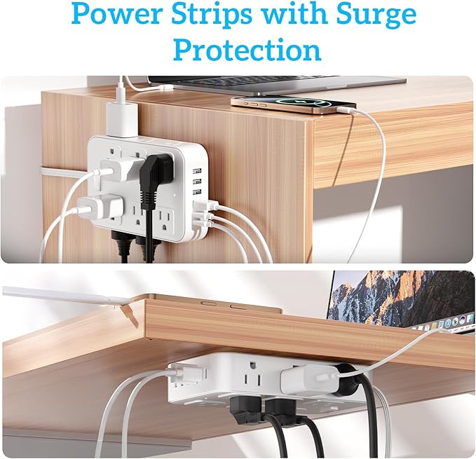 Solidock Flat Plug Power Strip Surge Protector with 12 AC Outlets 6 USB Ports 3 Side Multi Plug Outlet Extender 15 Ft Extension Cord for Home Office Kitchen Dorm Wall Desk Charging Station ETL Listed