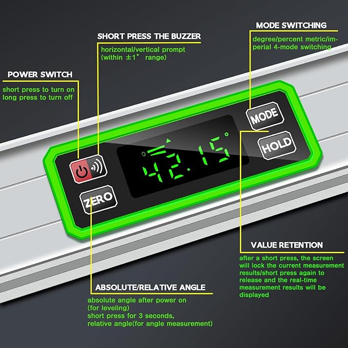 Kanayu Digital Level Digital 40'' LCD Display Magnetic Torpedo Level Tool Protractor Electronic Dust and Waterproof Smart Torpedo Tool for Construction Measuring Home Supplies