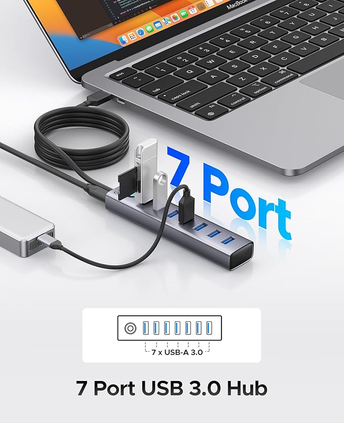 ORICO 7-Port USB 3.0 Hub, Aluminum USB Multiple Adapter, 5Gbps USB Extender USB Splitter with 6Ft Cable, UBS-A Hub Long Cable for Desktop, PC, Flash Drive, Mobile HDD, Windows/XPS