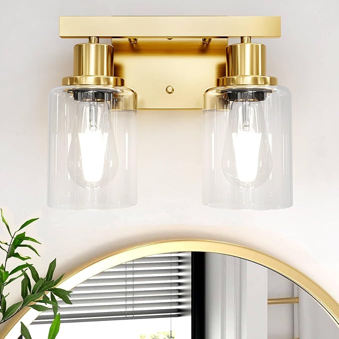 DIKAIDA 2-Light Brushed Gold Vanity Lights for Bathroom, Brushed Gold Bathroom Light Fixtures, Modern Vanity Lighting Over Mirror with Clear Glass Shade, Farmhouse Bath Wall Lamp for Mirror