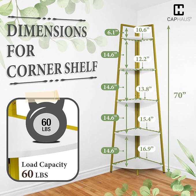 CAPHAUS Tall Corner Shelf Stand, 5-Tier Display Shelves, Ladder Corner Wood Storage Plant Bookshelf with Metal Frame, Versatile Shelving Unit Bookcase for Home Office Space, Gold