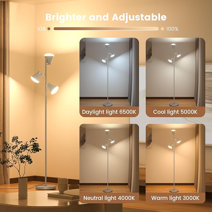 SIBRILLE 36W LED Tree Floor Lamp, Dimmable Tall Standing Lamp with Remote & Touch Control, 4 Color Temperatures Bright Floor Lamp, 3 Rotatable Light Modern Floor Lamps for Living Room Bedroom Office