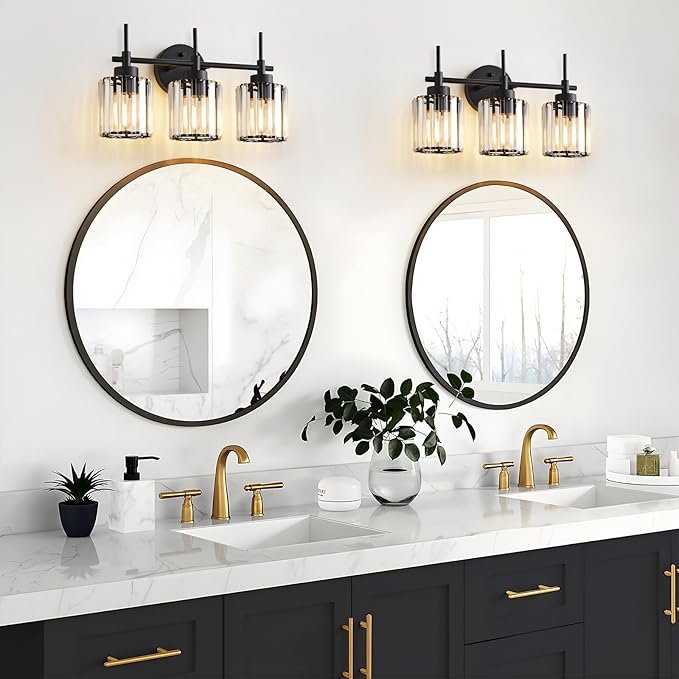 EJIAXIN 3 Light Crystal Vanity Light, Bathroom Lighting Fixtures Over Mirror Black Crystal Wall Light Bath Wall Lighting Modern Bath Wall Sconce Lighting for Bedroom Living Room