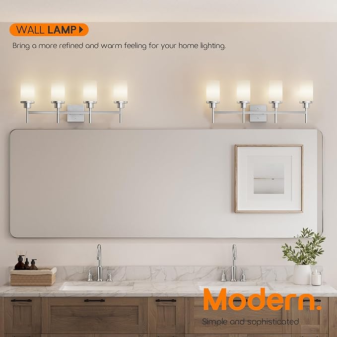 AONEON 4-Light Vanity Lighting Fixtures with White Frosted Glass Shade, Brushed Nickel Bathroom Wall Lamps Over Mirror for Bath Restroom Kitchen T001BR-L4