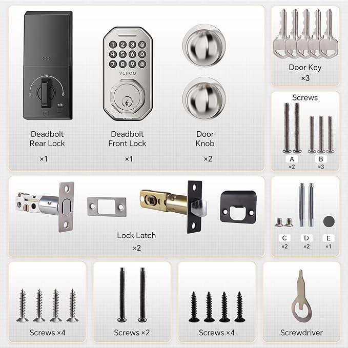 VCHOO Keyless Entry Door Lock Set Smart Locks for Front Keypad Door Lock with Handle Automatic Lock One Time Password Anti Peeping Password IP54, Satin Nickel