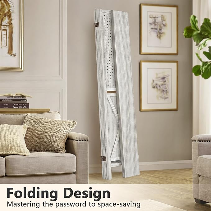 Aleesing 4 Panel Pegboard Display with 16 Hooks, Wooden Pegboard Room Divider Wall with Shelf, Partition Room Dividers and Folding Privacy Screens, Bedroom, Jewelry Store, White