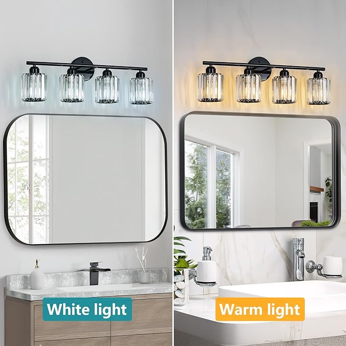 FDPBY Modern 4 Light Crystal Vanity Light, Plating Black Vertical Bathroom Light Fixture Over Mirror for Dressing Table Sink, Compatible with Dimmable Bulbs (Bulbs Not Included)