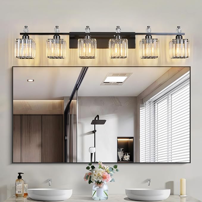 FDPBY Vanity Lights 6-Light Modern Crystal Vanity Light Plating Black Bathroom Light Fixtures Over Mirror Crystal Bathroom Vanity Lighting Fixtures