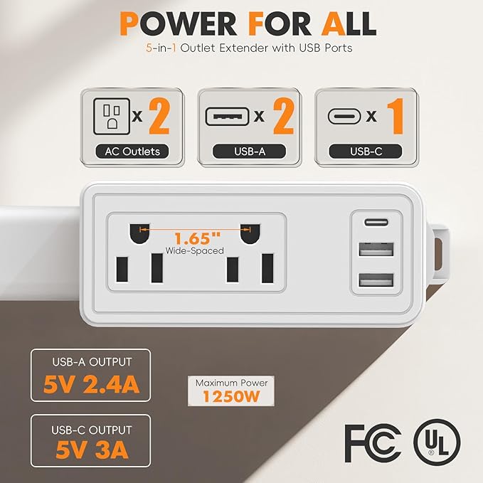 Wall Outlet Extender Stick & Electrical Plug Extension Outlet, Adjustable 8"-36" Wall Plug Extender, Multi Plug with USB C & A, 2 AC, 360° Access for Hard-to-Reach Outlets Behind Furniture Sofa Desk