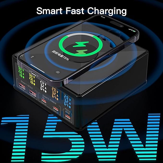 USB Charger Station Multi Port: Desktop 160W Power Fast Charging Hub Wall Block PD 3.0 – 5 Ports with Wireless Pad & Digital Display