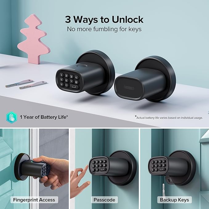 ThorBolt Fingerprint Door Knob, Keyless Door Knob with Keypad Biometric Electronic Thumbprint, Auto-Lock for Interior Doors for Bedroom, Home, Office, Garage, 4xAA Alkaline (NOT Included), MD1 Black