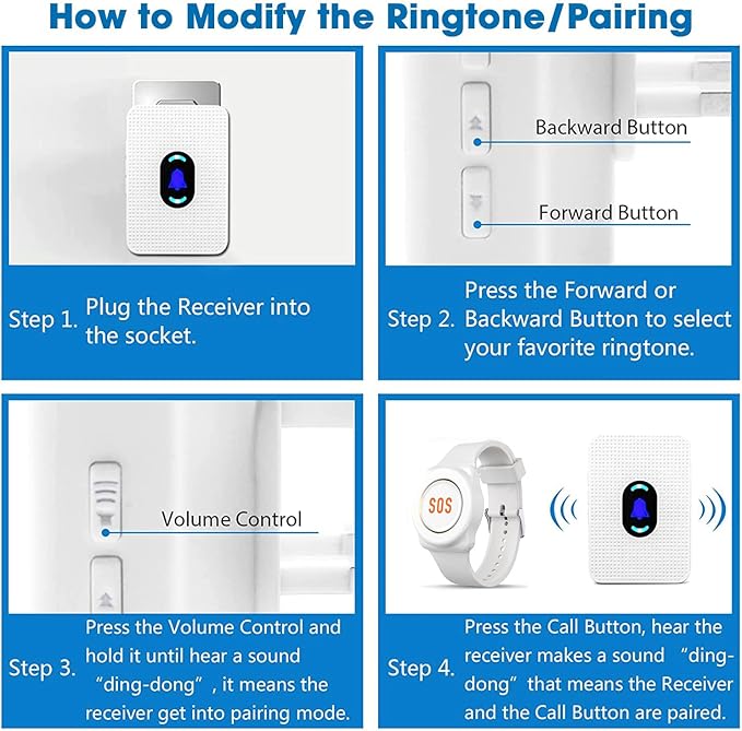 Daytech Wireless Wrist Pager Caregiver Call Button in Home System Watch Alarm Nurse Personal Help Alert for Patients Elderly 2 Watch Call Buttons 2 Plugin Receivers